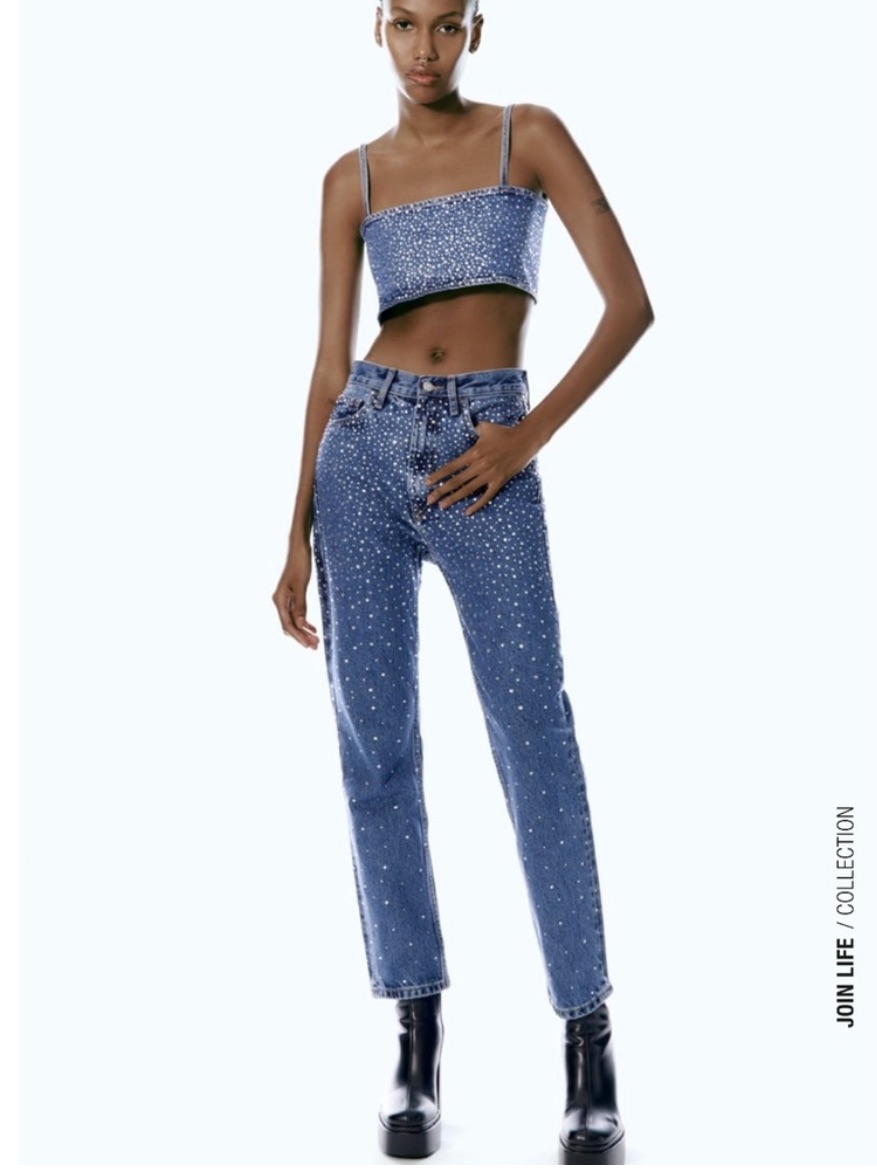 Zara Blue Straight Leg Jeans With Rhinestone/Crystal Embellishments